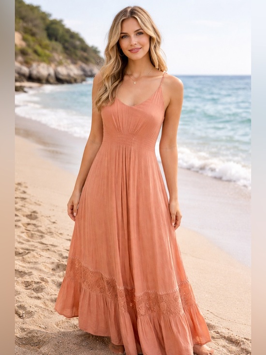 Altar'd State Dresses & Skirts - Altar’d State Boho Peach Maxi SunDress Strappy Lace Hem Coastal Resort Flowy Md